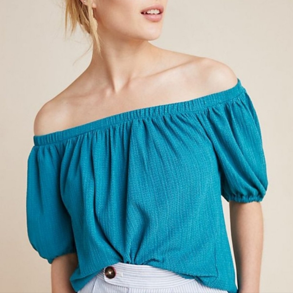 Anthropologie XS Blue Teal Off Shoulder Puff Sleeve Elastic Neck Romantic Top